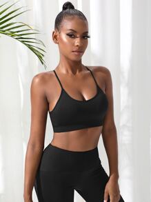 Yoga Basic 素色後鏤空運動型胸罩 - 黑色 - 查看 5