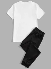 Manfinity VCAY Camiseta de manga corta con gráfico de pájaros de algodón para hombre y pantalón de chándal con cordón en la cintura, para salir