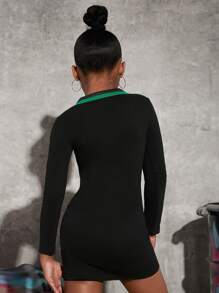 SHEIN Tween Girl Letter And Graphic Print Half Zip Front Dress - Black - View 2