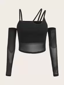 ROMWE PUNK Plus Cold Shoulder Mesh Top - Black - View 1
