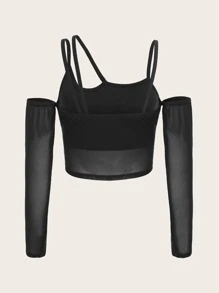 ROMWE PUNK Plus Cold Shoulder Mesh Top - Black - View 2