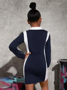SHEIN Girls Letter Graphic Contrast Panel Dress - Navy Blue - View 2