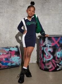 SHEIN Girls Letter Graphic Contrast Panel Dress - Navy Blue - View 3