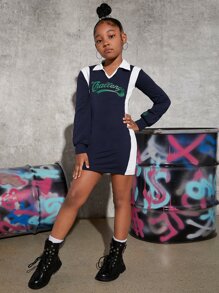 SHEIN Girls Letter Graphic Contrast Panel Dress - Navy Blue - View 4