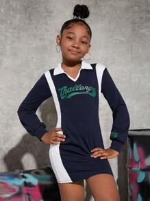 SHEIN Girls Letter Graphic Contrast Panel Dress - Navy Blue - View 6