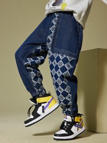 Niños Jeans con estampado de cuadros - Azul lavado oscuro - Ver 1