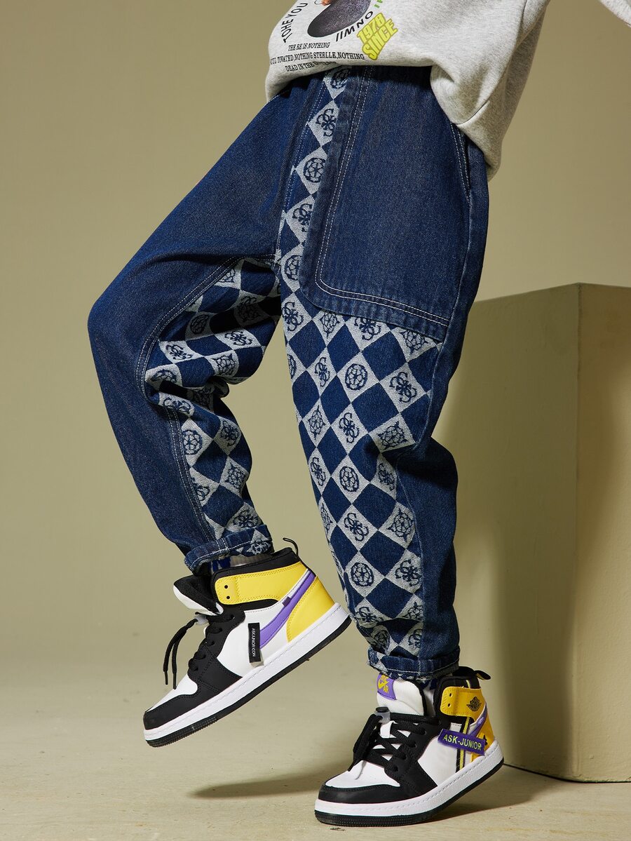 Niños Jeans con estampado de cuadros - Azul lavado oscuro - Ver 1