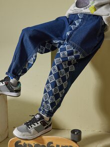 Niños Jeans con estampado de cuadros - Azul lavado oscuro - Ver 3