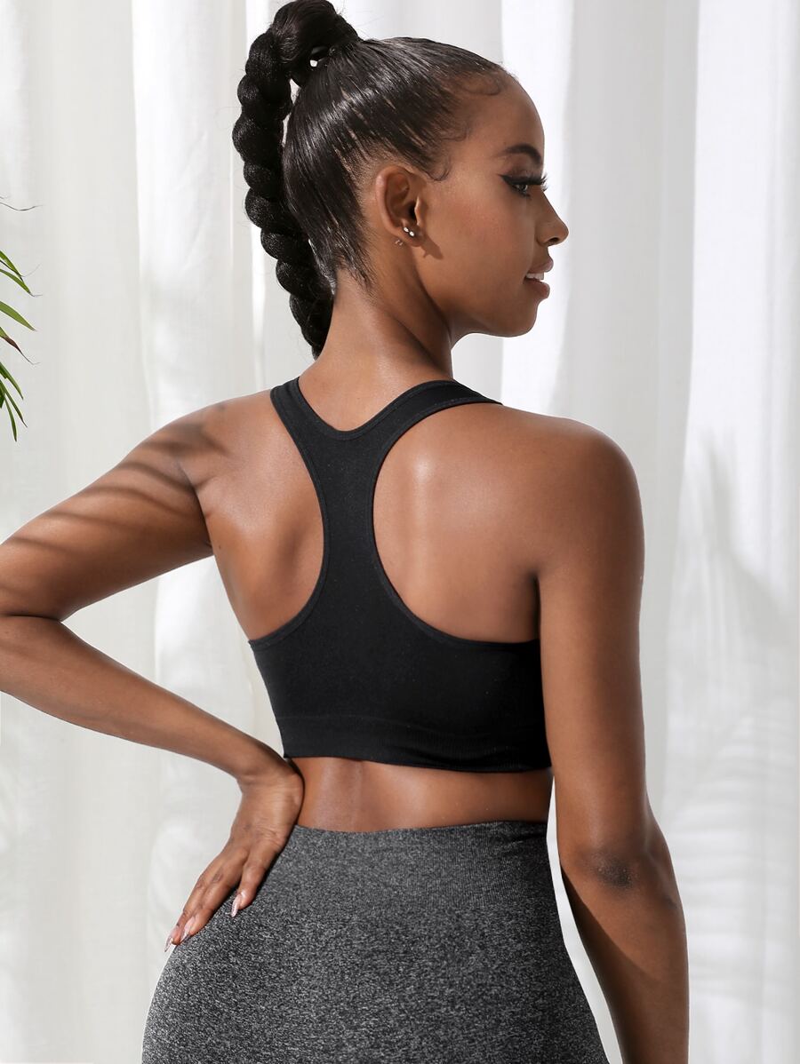 Yoga Basic Solid Racer Back Sports Bra - Black - View 1