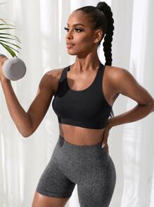 Yoga Basic Solid Racer Back Sports Bra - Black - View 2