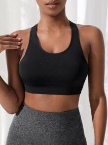 Yoga Basic Solid Racer Back Sports Bra - Black - View 4