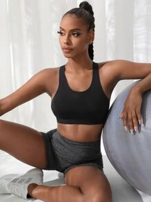 Yoga Basic Solid Racer Back Sports Bra - Black - View 5