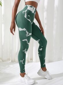 Yoga Trendy 紮染瑜伽打底褲無縫羅紋針織收復訓練緊身褲帶寬腰帶 - 墨綠色 - 查看 2