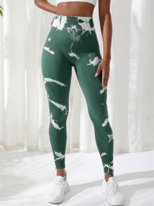 Yoga Trendy 紮染瑜伽打底褲無縫羅紋針織收復訓練緊身褲帶寬腰帶 - 墨綠色 - 查看 3