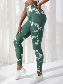 Yoga Trendy 紮染瑜伽打底褲無縫羅紋針織收復訓練緊身褲帶寬腰帶 - 墨綠色 - 查看 4