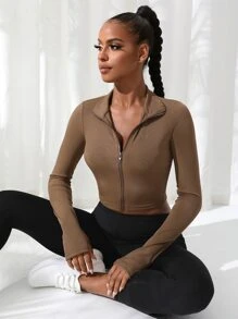 Easithlete Breathable Zipper Front Marled Knit Sports Jacket - Coffee Brown - View 1