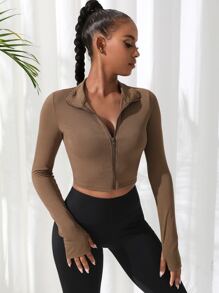 Easithlete Breathable Zipper Front Marled Knit Sports Jacket - Coffee Brown - View 3
