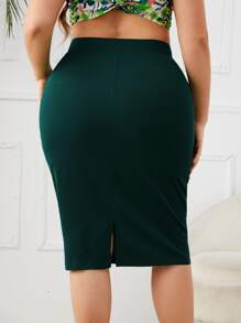 SHEIN Privé Plus High Waist Slit Back Skirt Spring To Summer - Dark Green - View 2