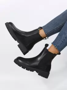 Giày bốt Chelsea cổ ngắn màu đen đế dày cho nữ, giày bốt da PU co giãn, cổ điển và đa năng - màu đen - Xem 2