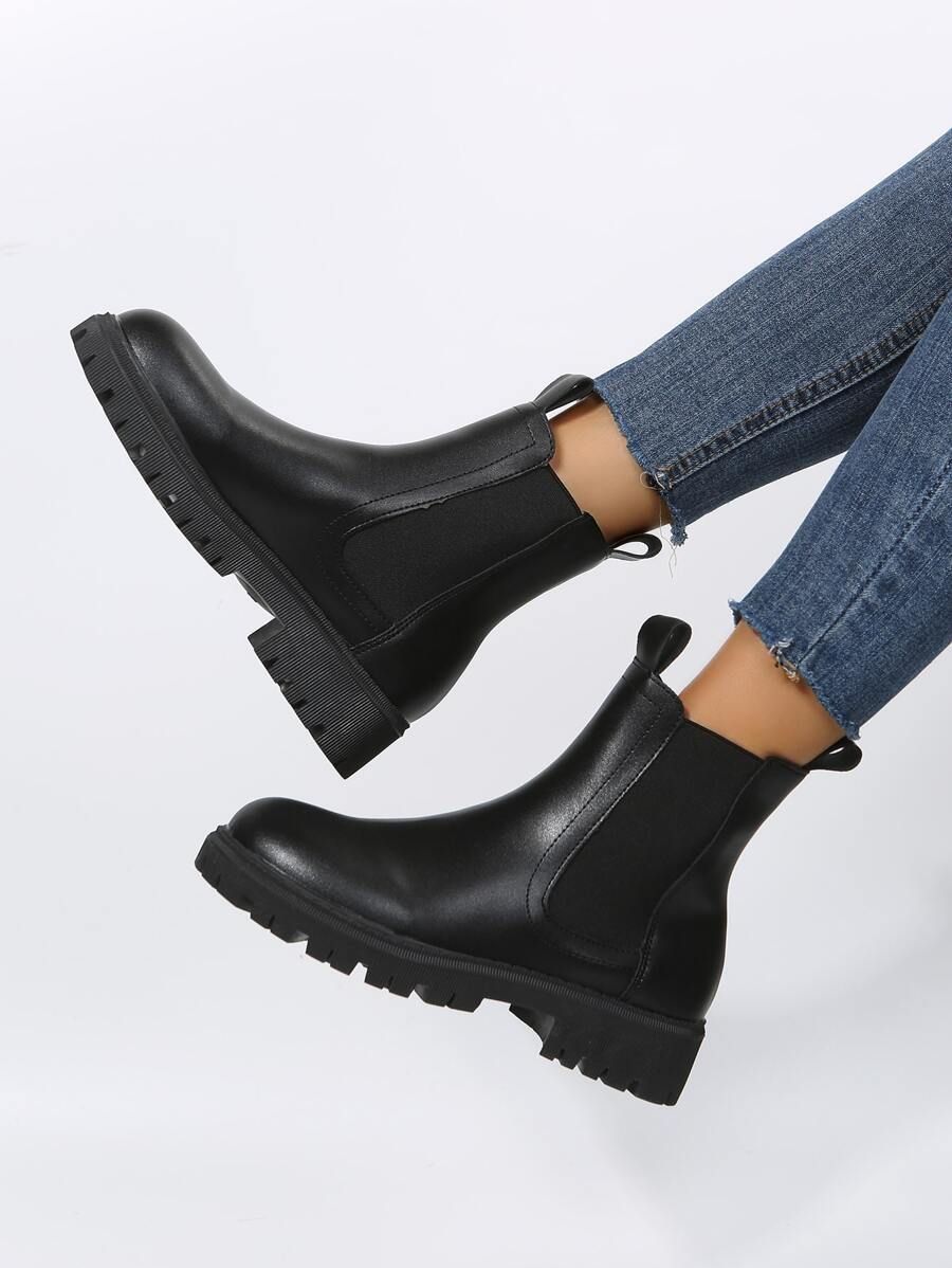 Giày bốt Chelsea cổ ngắn màu đen đế dày cho nữ, giày bốt da PU co giãn, cổ điển và đa năng