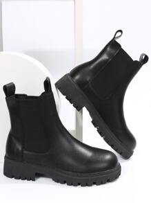 Giày bốt Chelsea cổ ngắn màu đen đế dày cho nữ, giày bốt da PU co giãn, cổ điển và đa năng - màu đen - Xem 4