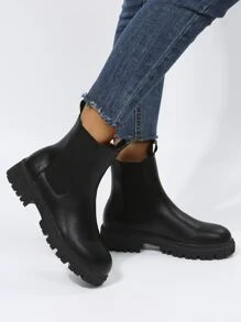 Giày bốt Chelsea cổ ngắn màu đen đế dày cho nữ, giày bốt da PU co giãn, cổ điển và đa năng - màu đen - Xem 6
