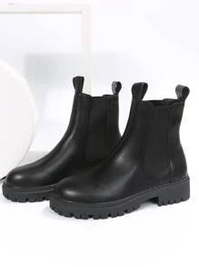Giày bốt Chelsea cổ ngắn màu đen đế dày cho nữ, giày bốt da PU co giãn, cổ điển và đa năng - màu đen - Xem 7