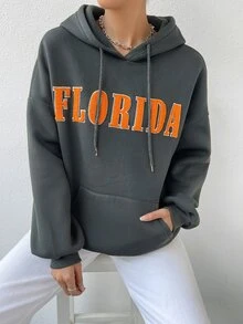 Capucha con estampado de letra de hombros caídos con cordón - Gris - Ver 2