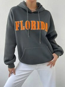 Capucha con estampado de letra de hombros caídos con cordón - Gris - Ver 4