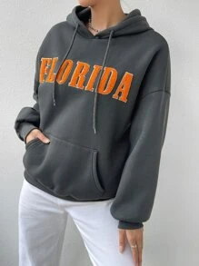 Capucha con estampado de letra de hombros caídos con cordón - Gris - Ver 5