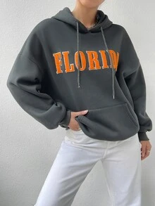 Capucha con estampado de letra de hombros caídos con cordón - Gris - Ver 6