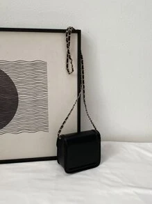Mini Letter Graphic Flap Chain Square Bag - Black - View 6