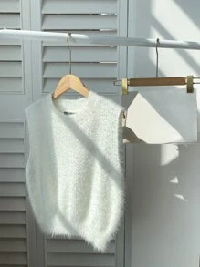 SHEIN Unity Chaleco de punto unicolor tejido mullido - Blanco - Ver 1