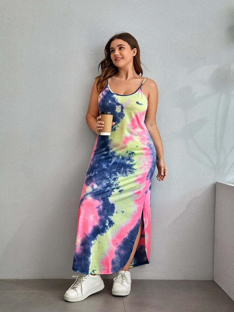 SHEIN VCAY Plus Curved Split Hem Tie Dye Cami Dress - Multicolor - View 1