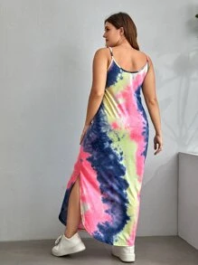 SHEIN VCAY Plus Curved Split Hem Tie Dye Cami Dress - Multicolor - View 2