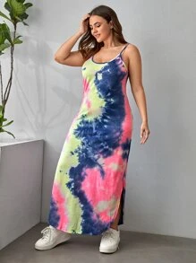 SHEIN VCAY Plus Curved Split Hem Tie Dye Cami Dress - Multicolor - View 5
