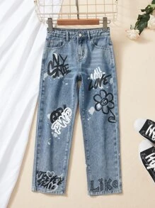 Girls Letter & Floral Print Straight Leg Jeans - Medium Wash - View 1