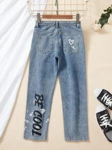 Girls Letter & Floral Print Straight Leg Jeans - Medium Wash - View 2