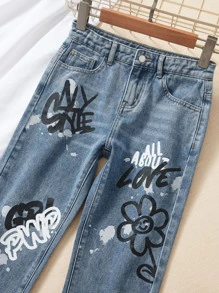 Girls Letter & Floral Print Straight Leg Jeans - Medium Wash - View 3