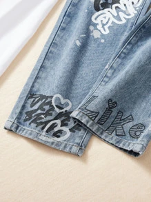 Girls Letter & Floral Print Straight Leg Jeans - Medium Wash - View 4