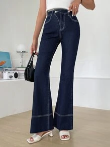 DAZY 高腰喇叭褲牛仔褲 - 深色水洗藍 - 查看 6