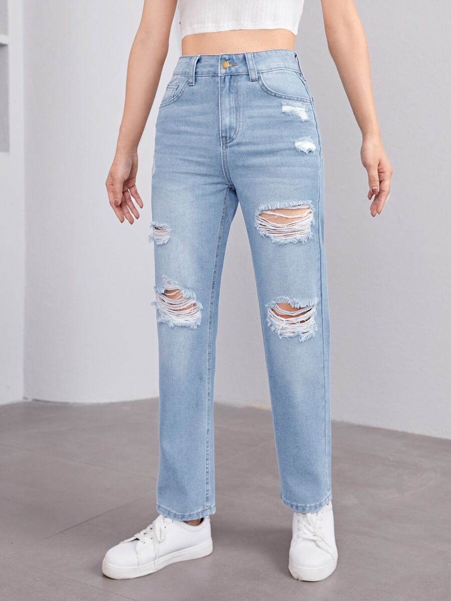 SHEIN Chicas adolescentes Jeans desgarro de talle alto - Lavado ligero - Ver 1