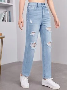 SHEIN Chicas adolescentes Jeans desgarro de talle alto - Lavado ligero - Ver 3