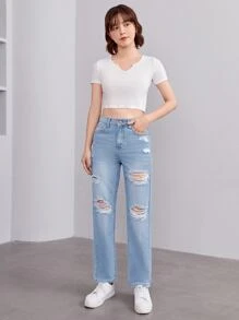 SHEIN Chicas adolescentes Jeans desgarro de talle alto - Lavado ligero - Ver 5