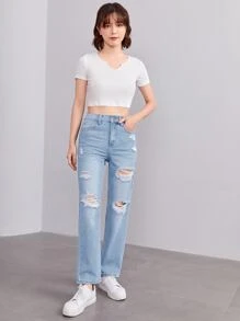 SHEIN Chicas adolescentes Jeans desgarro de talle alto - Lavado ligero - Ver 7