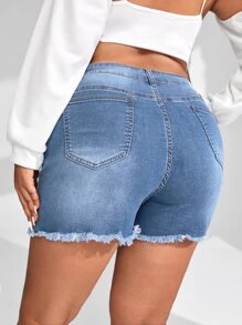 SHEIN Quần short denim oversized Nút Túi Hem thô Bị tách Dây kéo màu trơn - Rửa trung bình - Xem 2