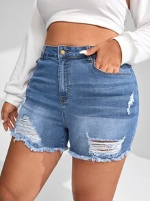 SHEIN Quần short denim oversized Nút Túi Hem thô Bị tách Dây kéo màu trơn - Rửa trung bình - Xem 3