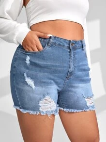 SHEIN Quần short denim oversized Nút Túi Hem thô Bị tách Dây kéo màu trơn - Rửa trung bình - Xem 4