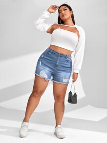 SHEIN Quần short denim oversized Nút Túi Hem thô Bị tách Dây kéo màu trơn - Rửa trung bình - Xem 5