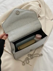 Quyến rũ, thanh lịch, tinh tế, yên tĩnh sang trọng, sành điệu, sang trọng, sáng bóng, túi vuông có nắp chuỗi lấp lánh, ví cô dâu hoàn hảo cho đám cưới, túi buổi tối và sự kiện tiệc tùng, túi ăn tối cho cô gái dự tiệc, phụ nữ - Bạc - Xem 5